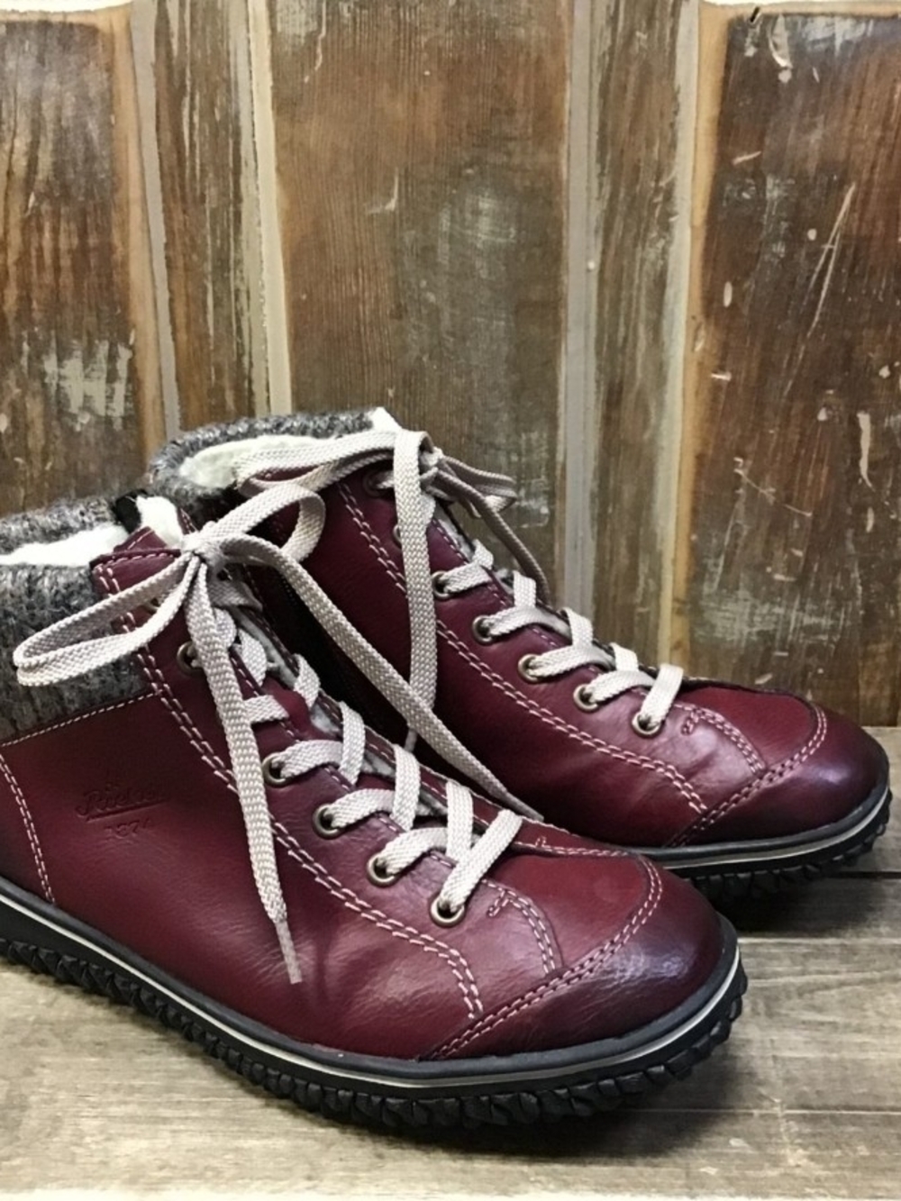REIKER Women’s Lace-Up Burgundy Leather Ankle Boots with Knit Collar